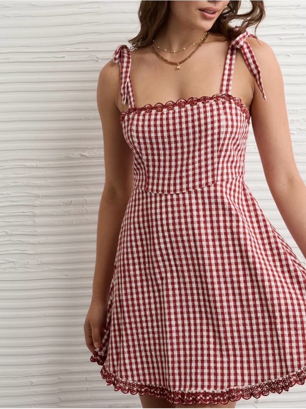 AE Square Neck Gingham Tie-Shoulder Sundress in Red and White